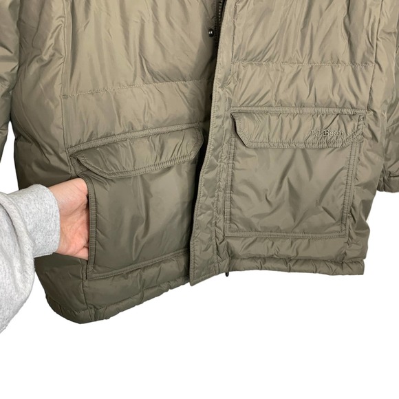 L.L. Bean Goose Down Brown Beige Hooded Puffer Jacket Winter Coat Large - Picture 8 of 9